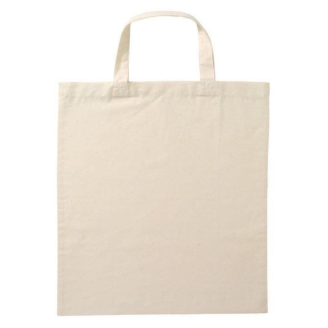 A reusable grocery bag with short handles in a light natural colour, featuring a simple design and no visible branding.
