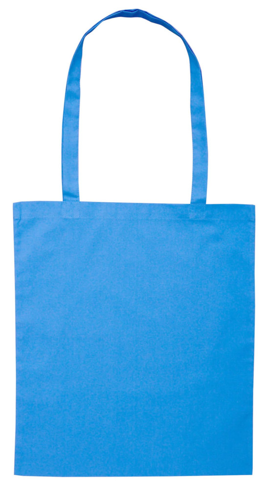 A blue tote bag with long handles, featuring a simple design and a branding logo.