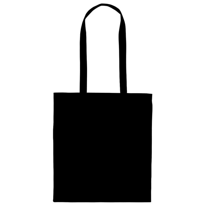 A black tote bag with long handles and a simple design, featuring a logo on the front.