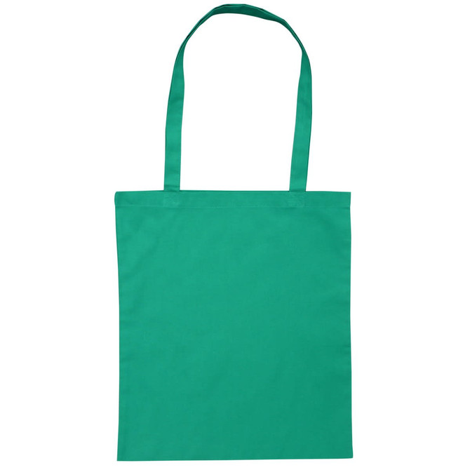 A green tote bag with long handles and a blank front, featuring a simple design and no visible branding.