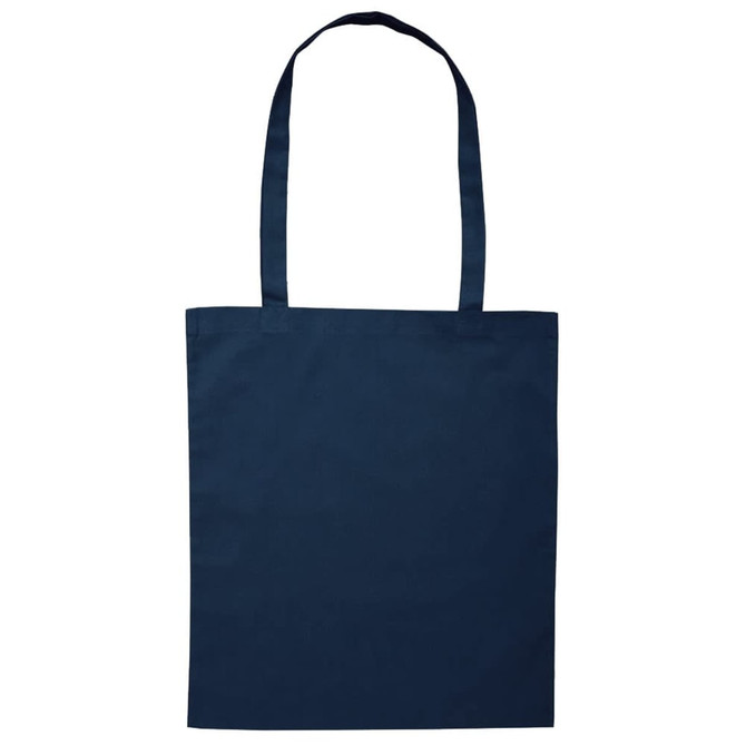 A navy blue tote bag with long handles and a plain design. It features a logo on one side.