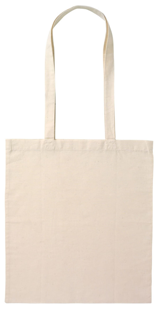 A beige tote bag with long handles and a simple, clean design. It features a logo on one side.