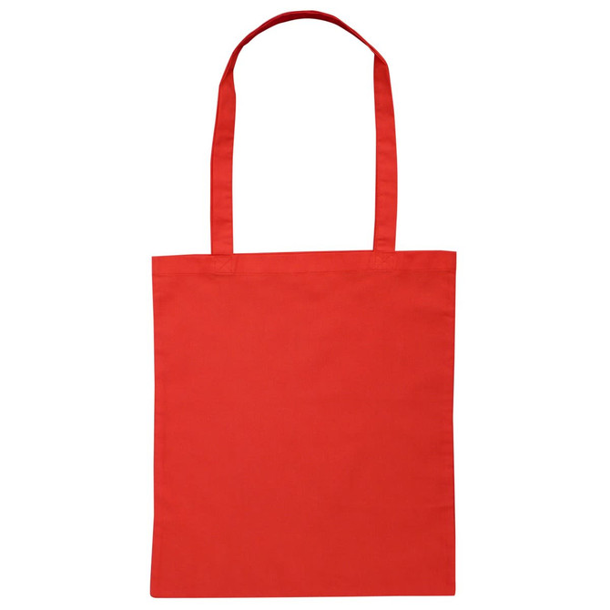 A red tote bag with long handles and a plain design, featuring a logo on one side.