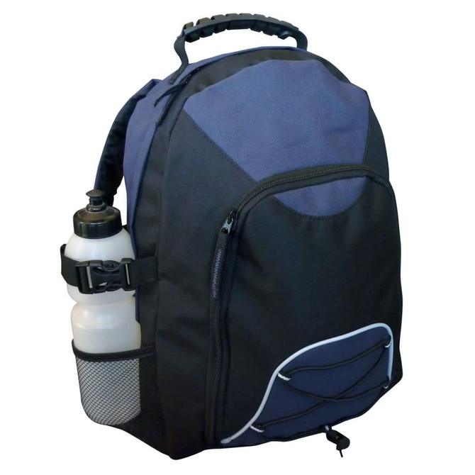 A black and navy backpack featuring a side pocket with a drink bottle and a textured handle. It has a logo on it.