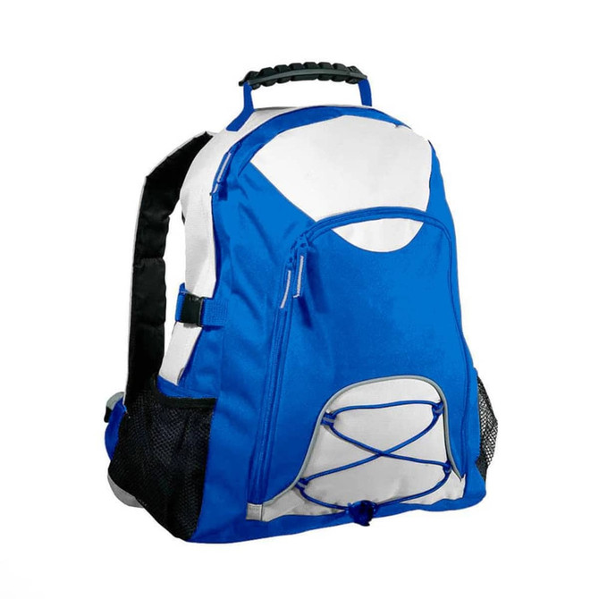 A blue and white backpack featuring a mesh pocket, front zippered compartment, and a logo.