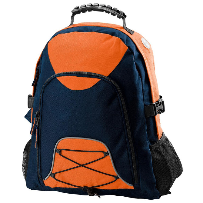 A navy blue and orange backpack with a logo, featuring mesh pockets and a bungee cord design.