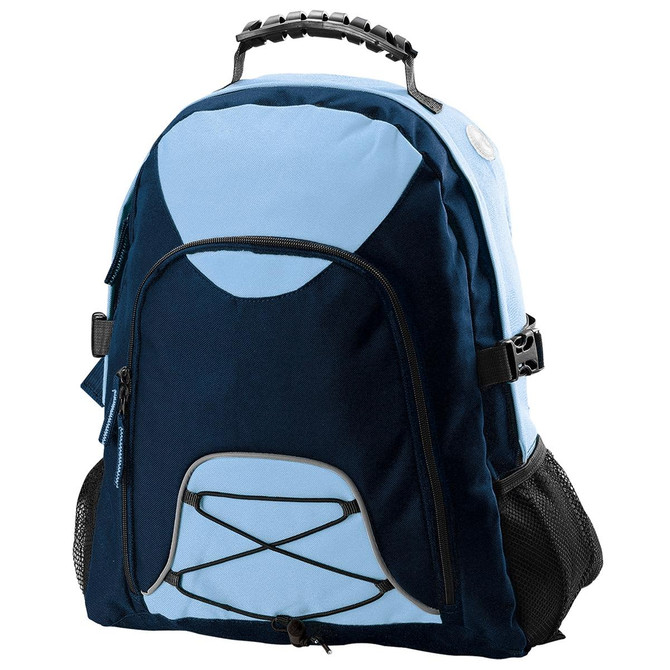 A blue and navy backpack featuring a front pocket, mesh side pockets, and a logo on the upper section.