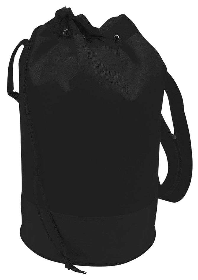 A black duffle bag with a drawstring closure and a shoulder strap, featuring a logo.