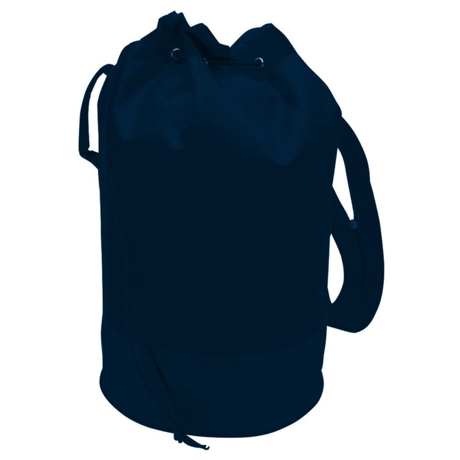 A navy blue duffle bag with a drawstring closure and a shoulder strap, featuring a branding logo.