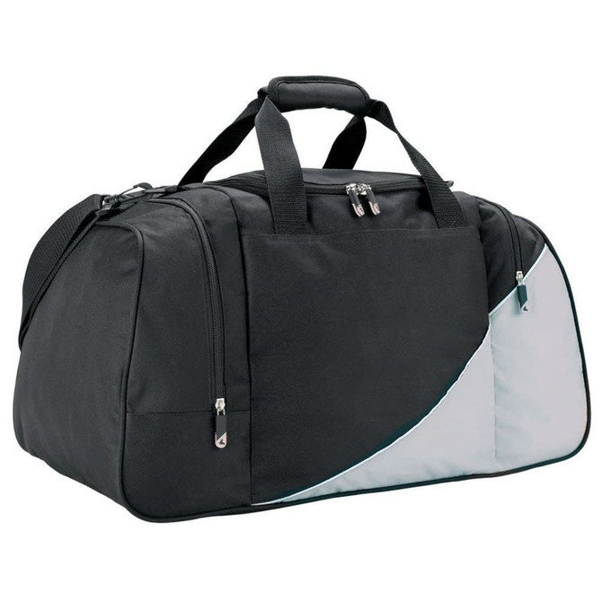 A black duffle bag with grey accents, featuring multiple zippered compartments and a sturdy handle. It has a logo.