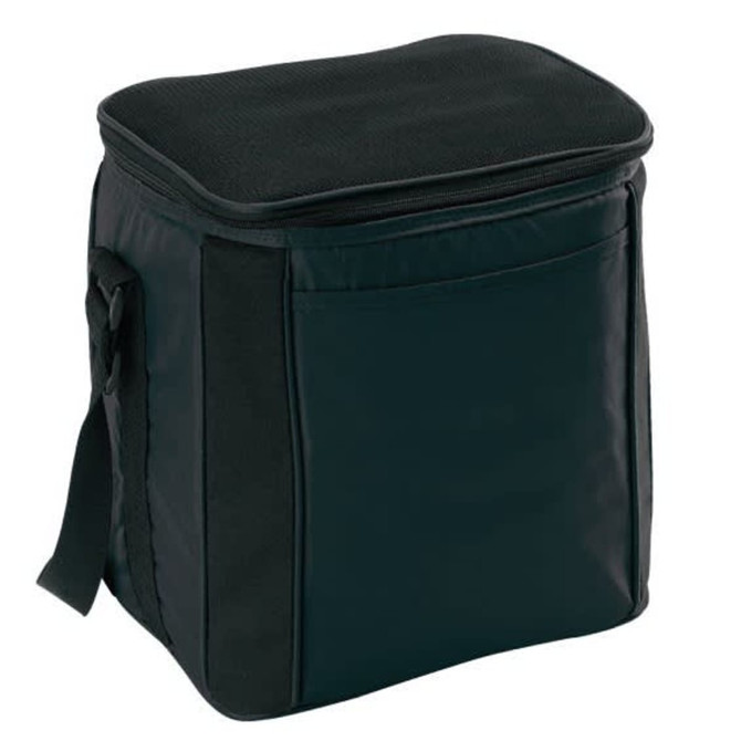 A black cooler bag with a zippered top and a side pocket, designed to hold up to six cans.