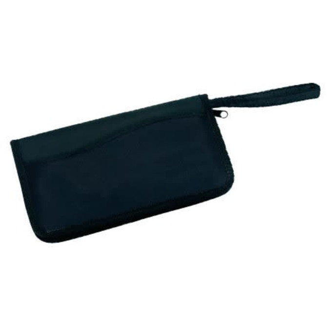 A black travel wallet with a zip closure and a wrist strap, made from durable material.
