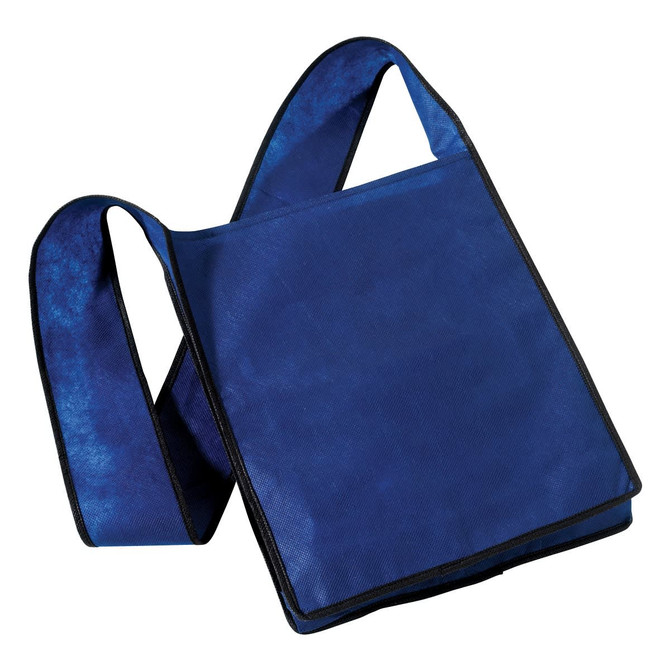 A blue non-woven sling bag with black trim, featuring a sling-style design and a logo.