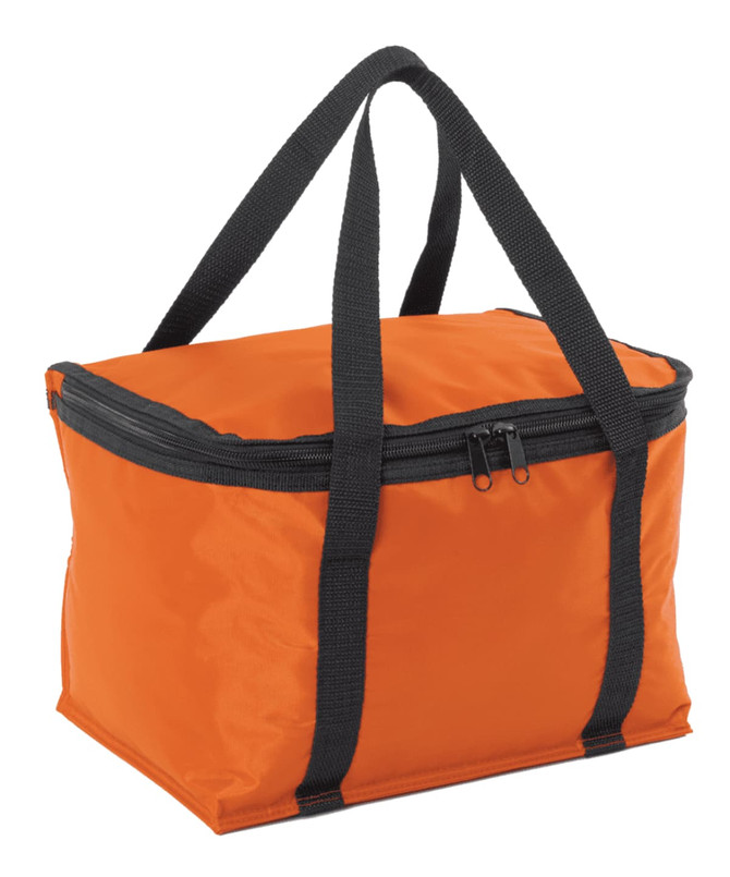 An orange cooler bag with a zippered top and black straps. It has a rectangular shape and sturdy handles.
