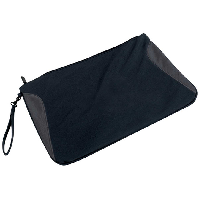 A black folio with a wrist strap, featuring textured panels for added style. Suitable for holding documents and devices.