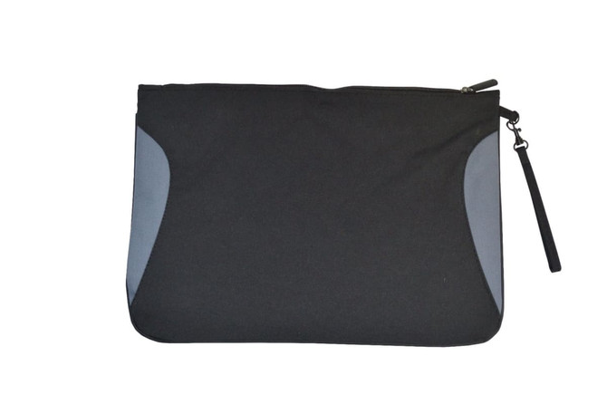 A black and grey portfolio with a zip closure and a wrist strap, featuring a simple design.