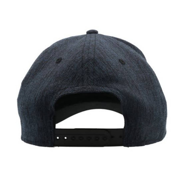A navy blue cap featuring a logo and an adjustable strap at the back. The fabric has a textured finish.