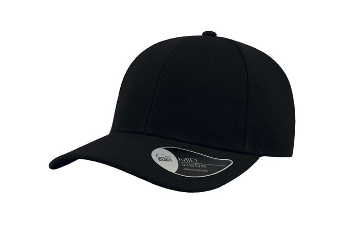 A black cap with a mid visor and a branded tag, ideal for promotional use.