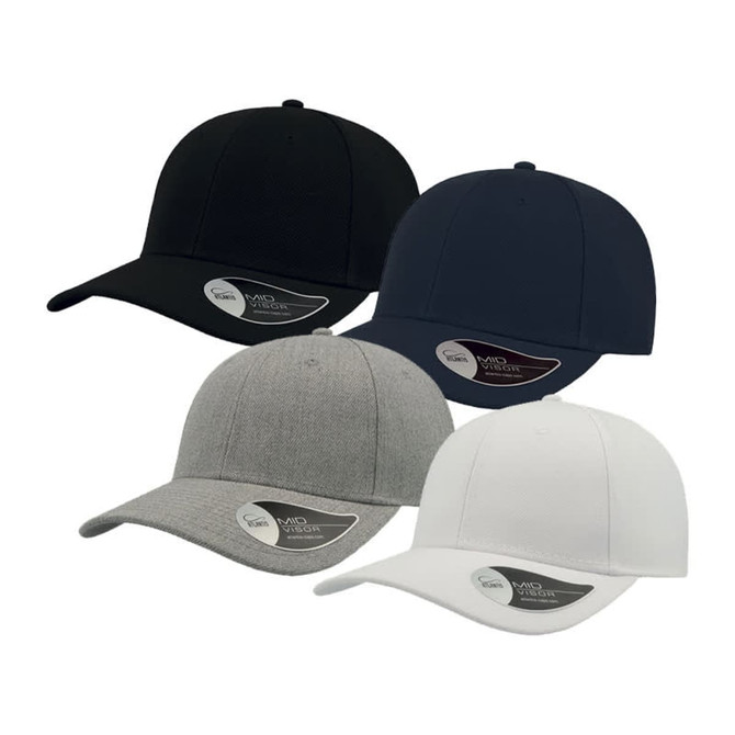 A collection of four caps in black, navy, grey, and white, featuring a logo and different textures.