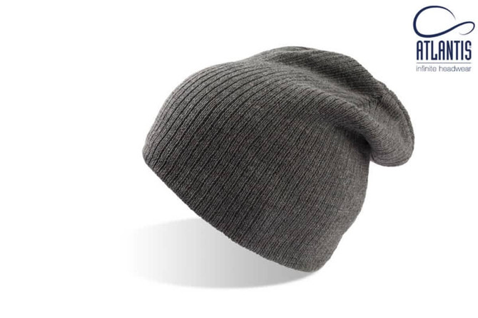 A black sustainable beanie with a ribbed texture and a slouchy design, featuring a logo.