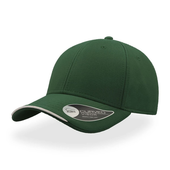 A green cap with a curved visor and a branding logo, featuring a classic design.