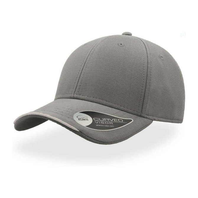 A grey cap with a curved visor and a logo, featuring a textured design.