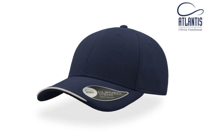 A navy cap with a curved visor and a logo, featuring a textured design.