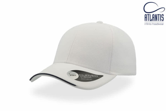 A white cap with a curved visor, featuring a branding logo and a textured finish.