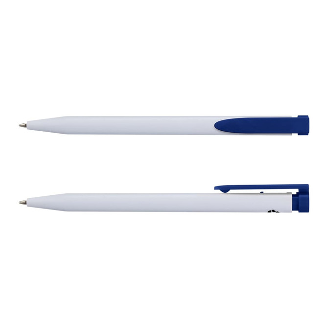 A recycled plastic pen in white with blue accents, featuring a logo on the side.