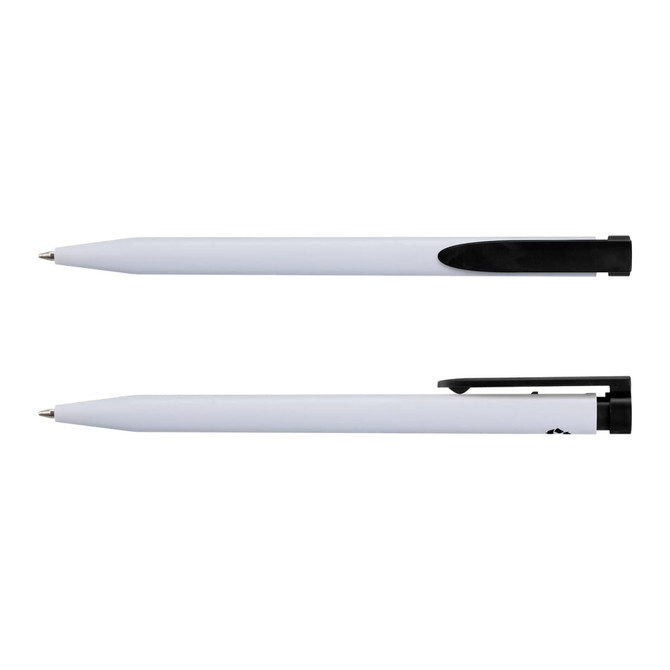 A recycled plastic pen in white with a black clip and black accents, featuring a logo on the body.