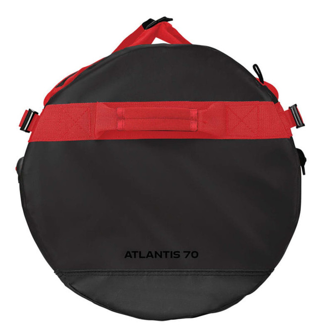 A round, medium-sized waterproof gear bag in black with red straps and a logo.