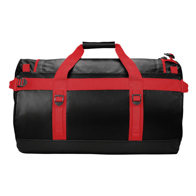 A medium waterproof gear bag in black with red straps, featuring a sturdy handle and adjustable buckles.