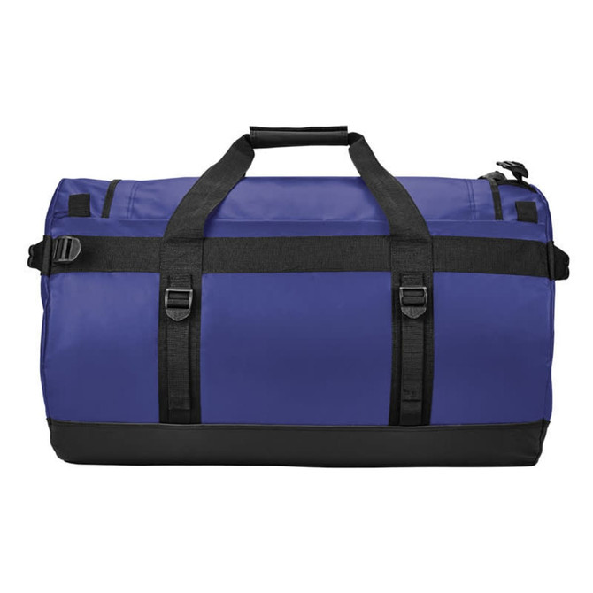 A medium waterproof gear bag in blue and black, featuring handles and adjustable straps, with a logo on the side.