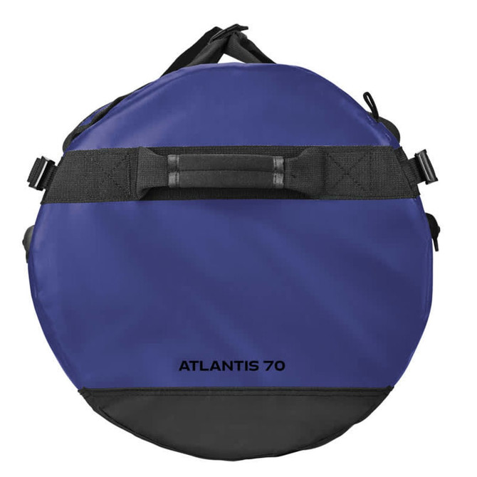 A medium, round waterproof gear bag in navy blue with black accents and a handle, featuring a logo.
