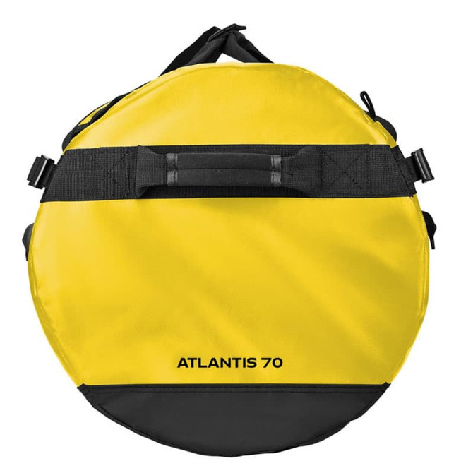 A round, medium-sized waterproof gear bag in bright yellow and black, featuring a handle and a logo.