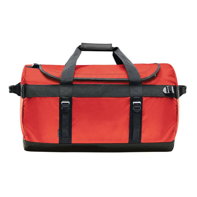 A medium waterproof gear bag in bright red with black straps and accents, featuring adjustable handles and a logo.