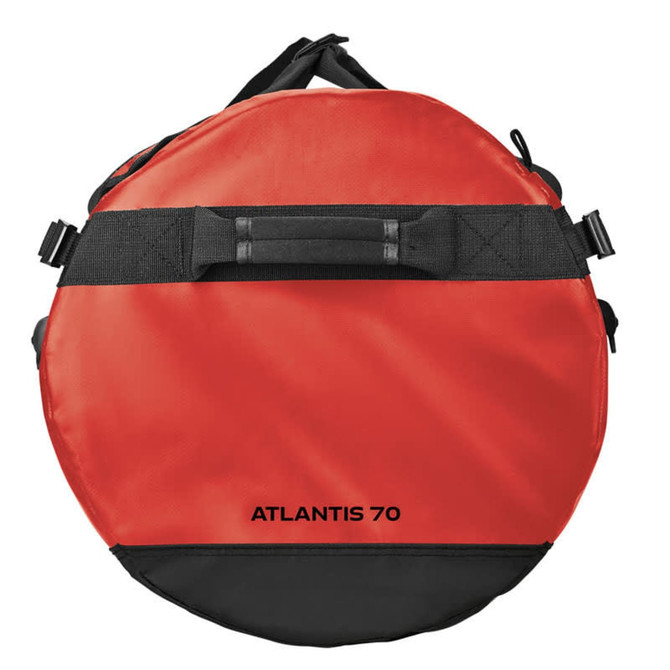 A round, red and black waterproof gear bag featuring handles and adjustable straps, with a logo visible.