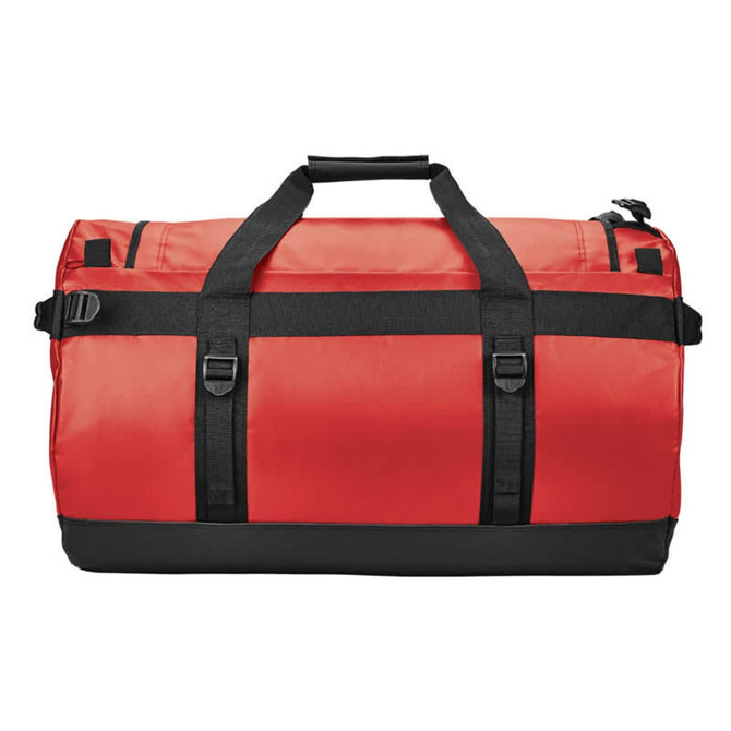A waterproof gear bag in red and black with dual handles and adjustable straps. It includes a logo.