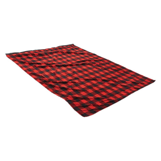 A red and black checkered blanket with a black trim, featuring a logo on one corner.