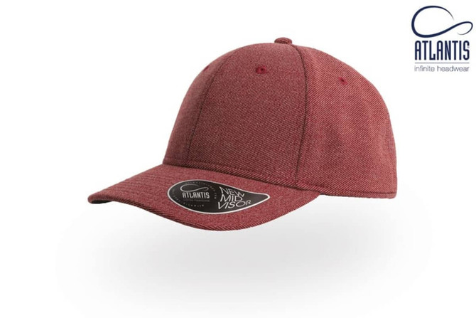 A burgundy cap with a curved visor and a logo, featuring textured fabric and a classic design.