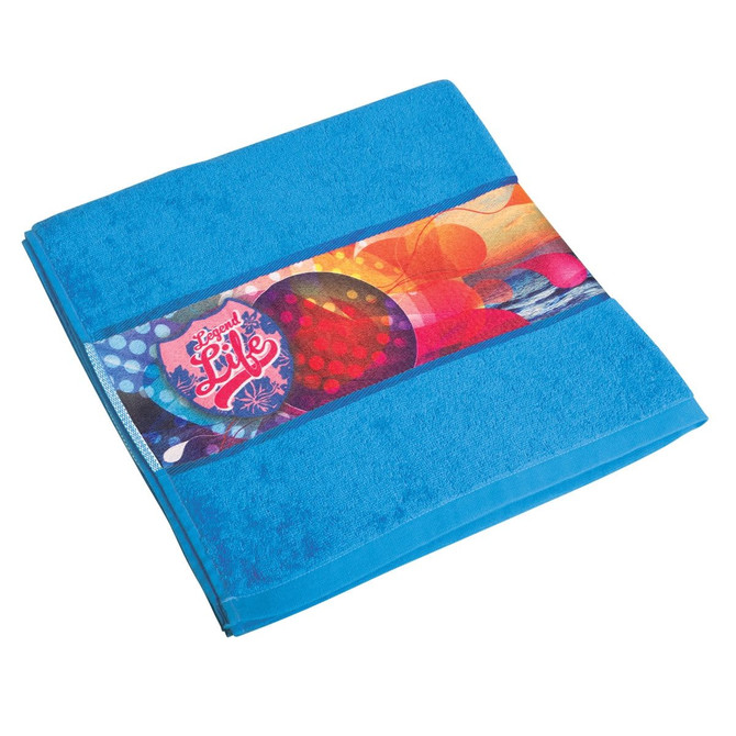 A blue cooling towel featuring a vibrant, multicoloured design and a logo.
