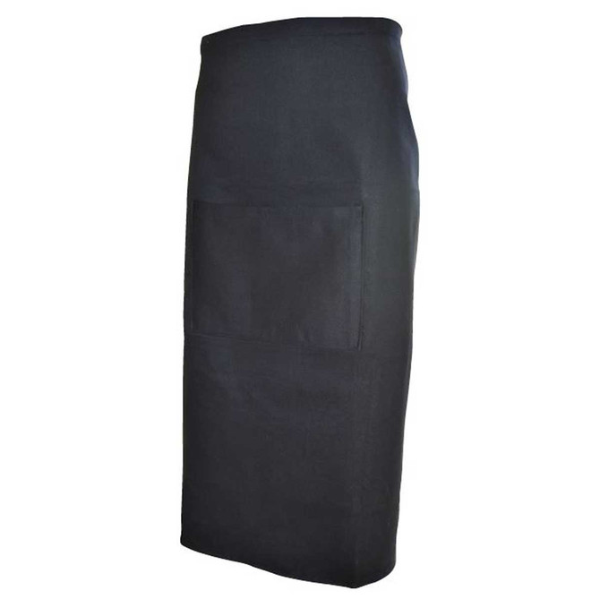 A black waiter's apron featuring a front pocket, designed for workwear use. It has a simple, sleek style.