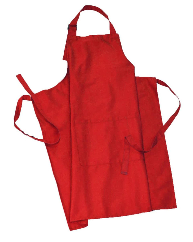 A red bib apron with a front pocket and adjustable ties, featuring a logo.