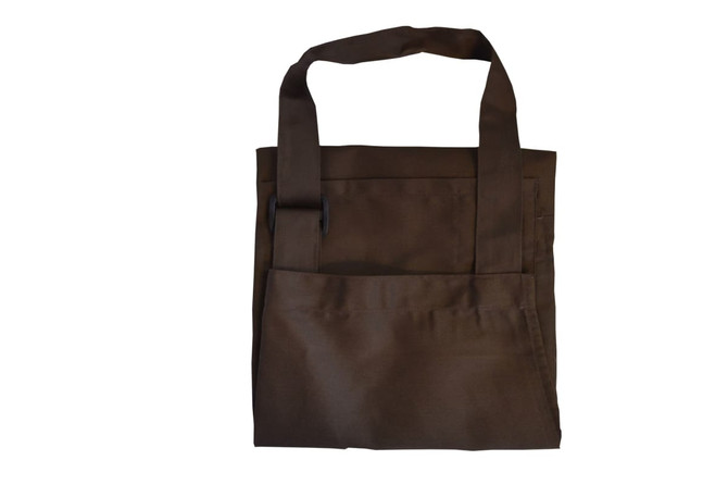 A brown bib apron with adjustable straps and a front pocket, featuring a logo.