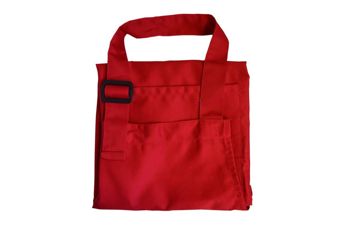 A bright red Prostaff Bib Apron with a pocket and adjustable strap. It features a logo on the front.