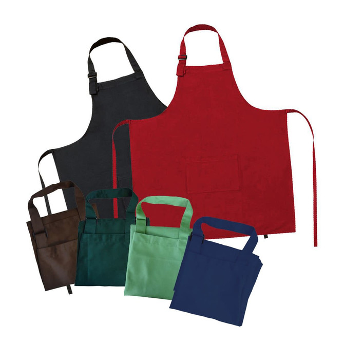 A collection of Prostaff Bib Aprons in black, red, brown, green, and navy, each with a logo and adjustable straps.