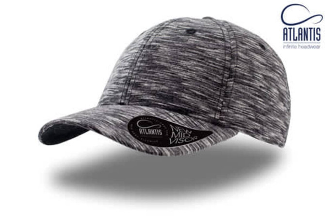 A black and grey textured cap with a rounded visor and a logo on the side.