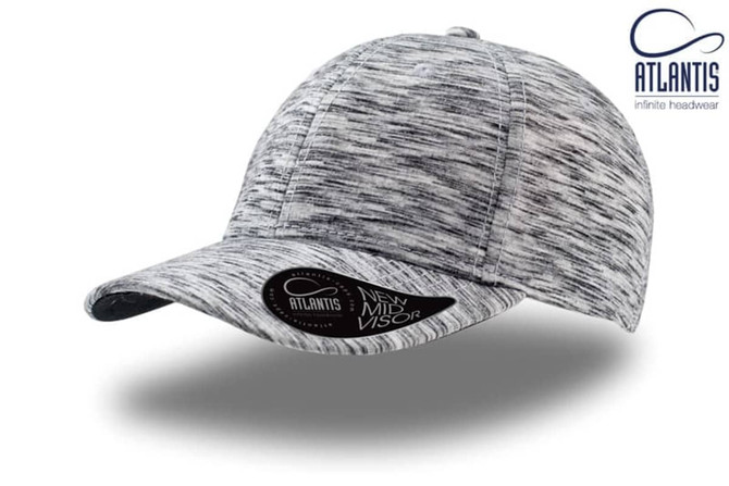 A grey marled cap with a curved visor and a logo. It features a textured, sporty design.