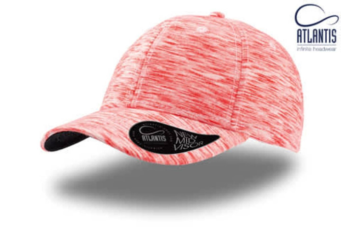 A red marled cap featuring a curved visor and a logo on the side.