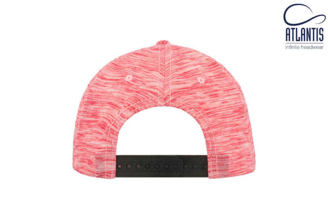 A red and grey textured cap featuring a black adjustable strap at the back and a logo.
